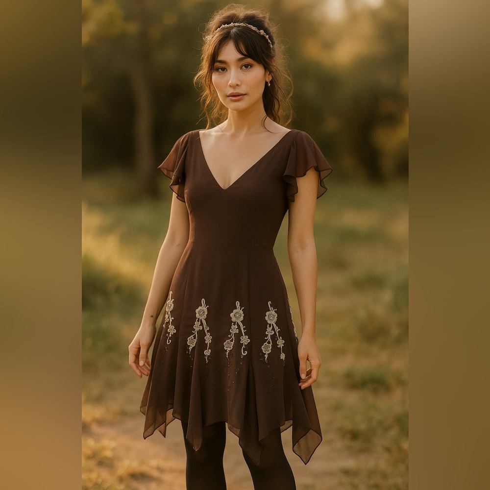 Y2K SL Fashions Brown Beaded Floral Embroidered‎ Midi Dress Flutter Sleeve Fairy